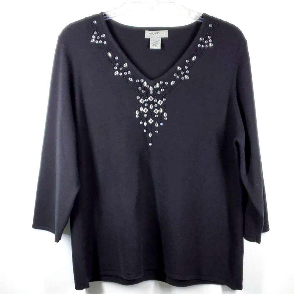 Designers Originals Black V Neck Beaded Bling Sweater XL EUC